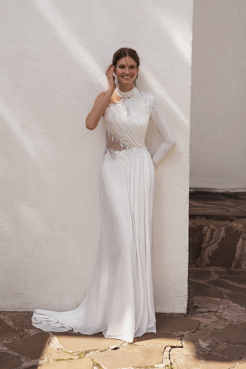 Vestido de novia con purpurina y tubo de un solo hombro