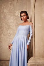 Long Glitter Sheer Sleeve Occasion Dress