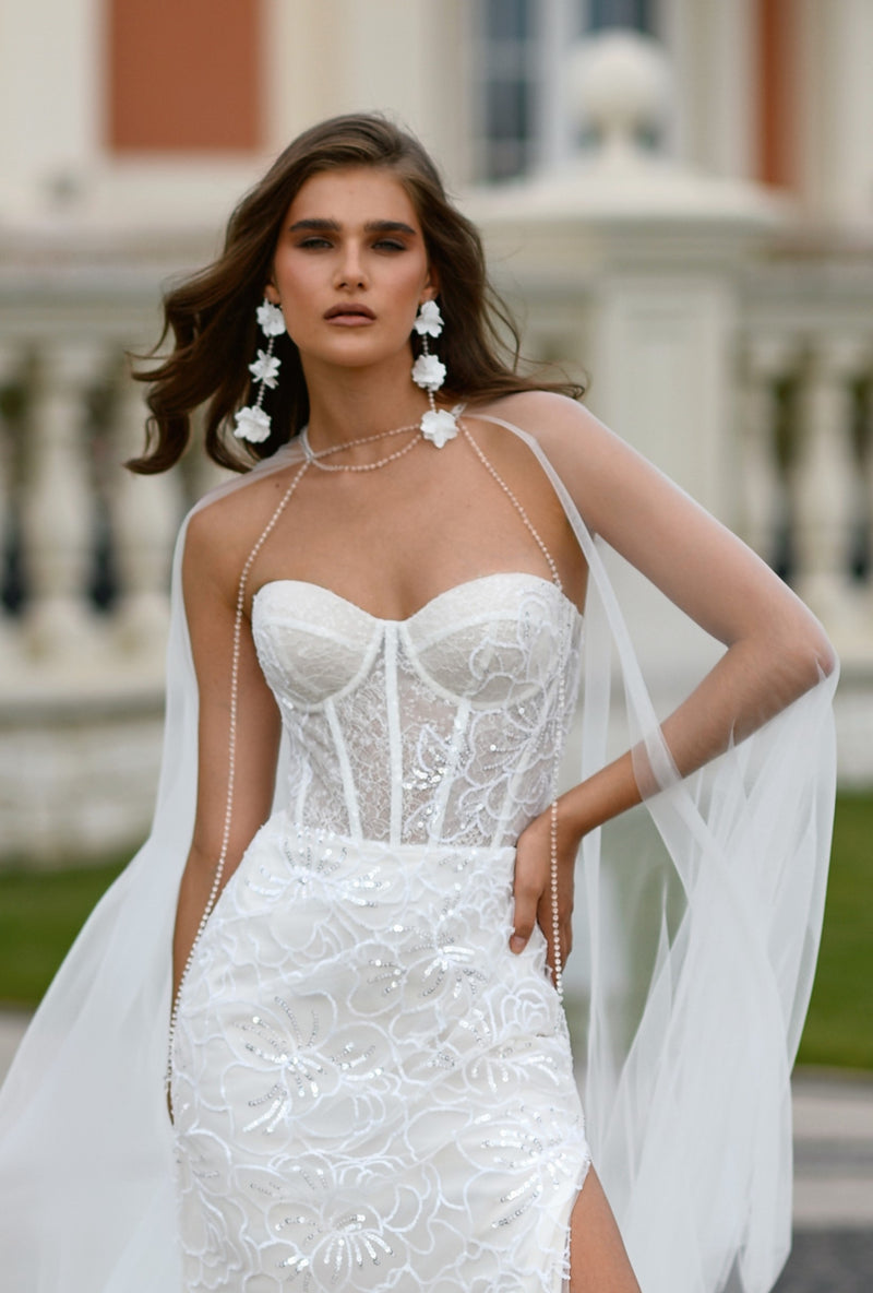 Sweetheart Corset Sleeveless Glitter Mermaid Dress with a Slit and Tulle Cape