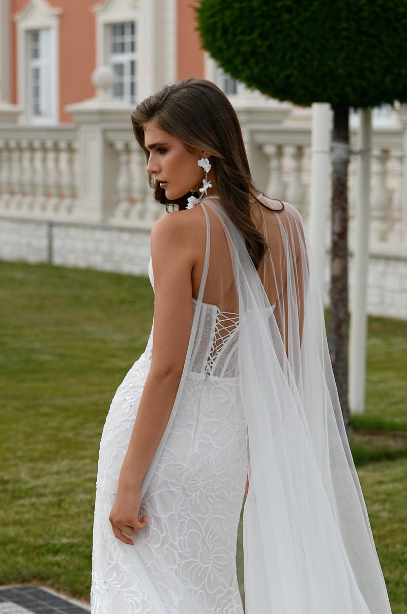 Sweetheart Corset Sleeveless Glitter Mermaid Dress with a Slit and Tulle Cape