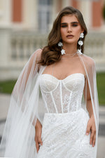 Sweetheart Corset Sleeveless Glitter Mermaid Dress with a Slit and Tulle Cape
