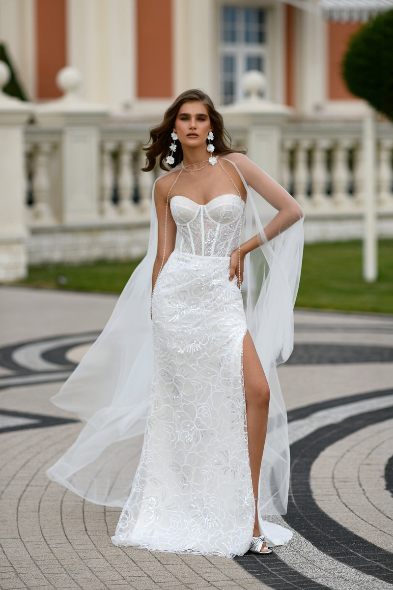 Sweetheart Corset Sleeveless Glitter Mermaid Dress with a Slit and Tulle Cape
