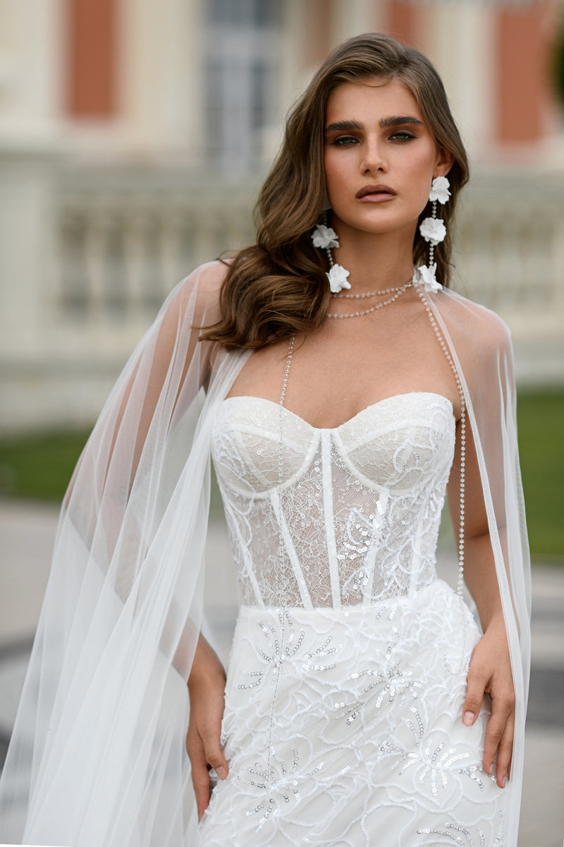 Sweetheart Corset Sleeveless Glitter Mermaid Dress with a Slit and Tulle Cape