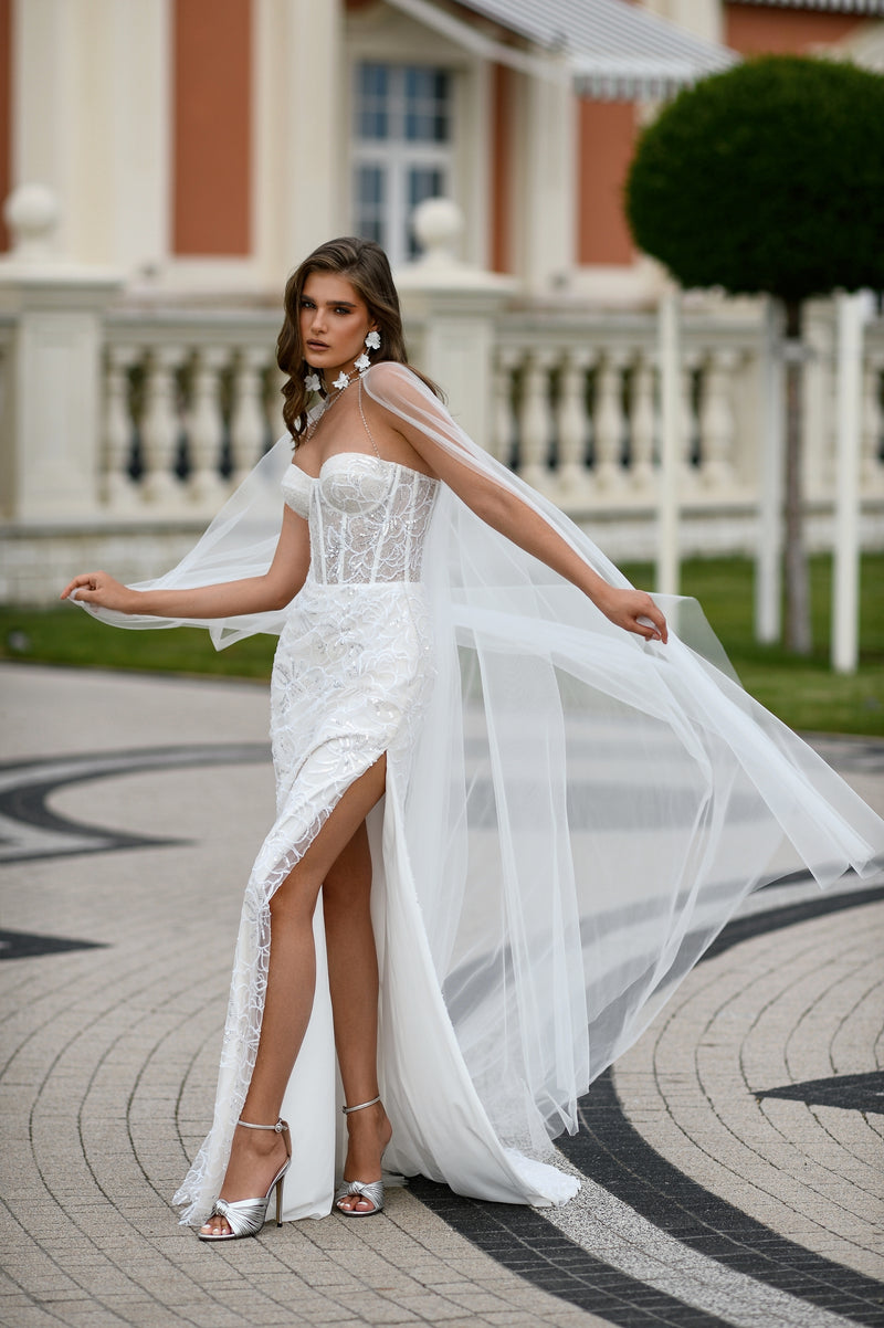 Sweetheart Corset Sleeveless Glitter Mermaid Dress with a Slit and Tulle Cape