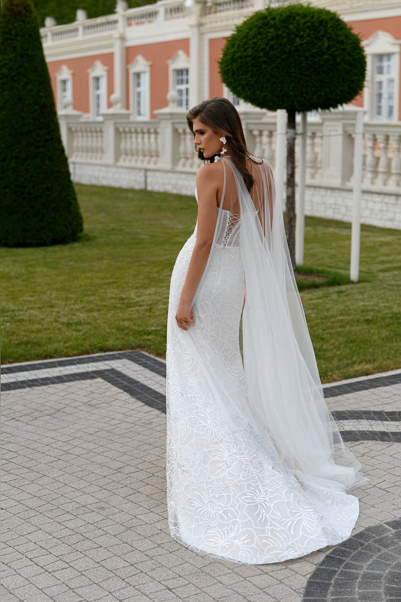 Sweetheart Corset Sleeveless Glitter Mermaid Dress with a Slit and Tulle Cape