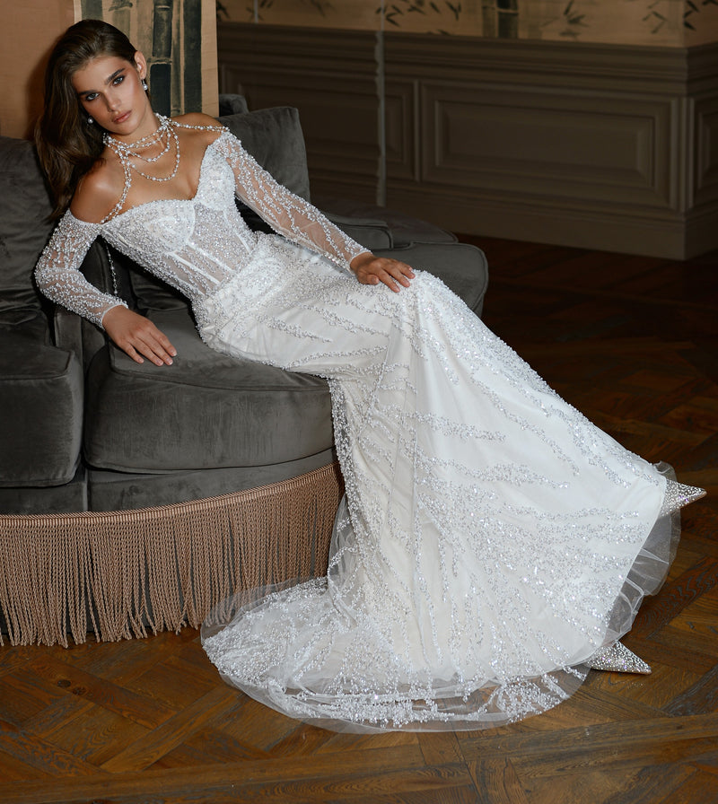 Sweetheart Off-Shoulder Mermaid Glitter Wedding Dress with Beaded Choker