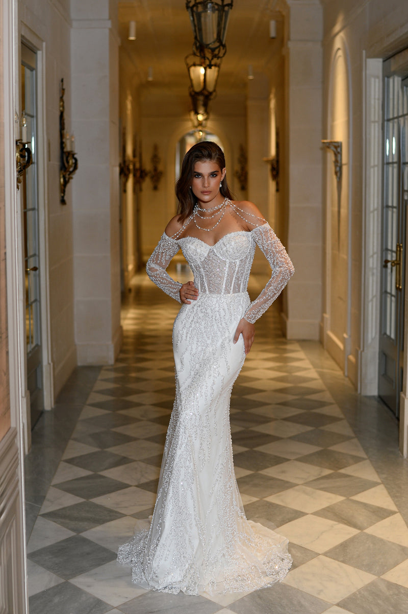 Sweetheart Off-Shoulder Mermaid Glitter Wedding Dress with Beaded Choker