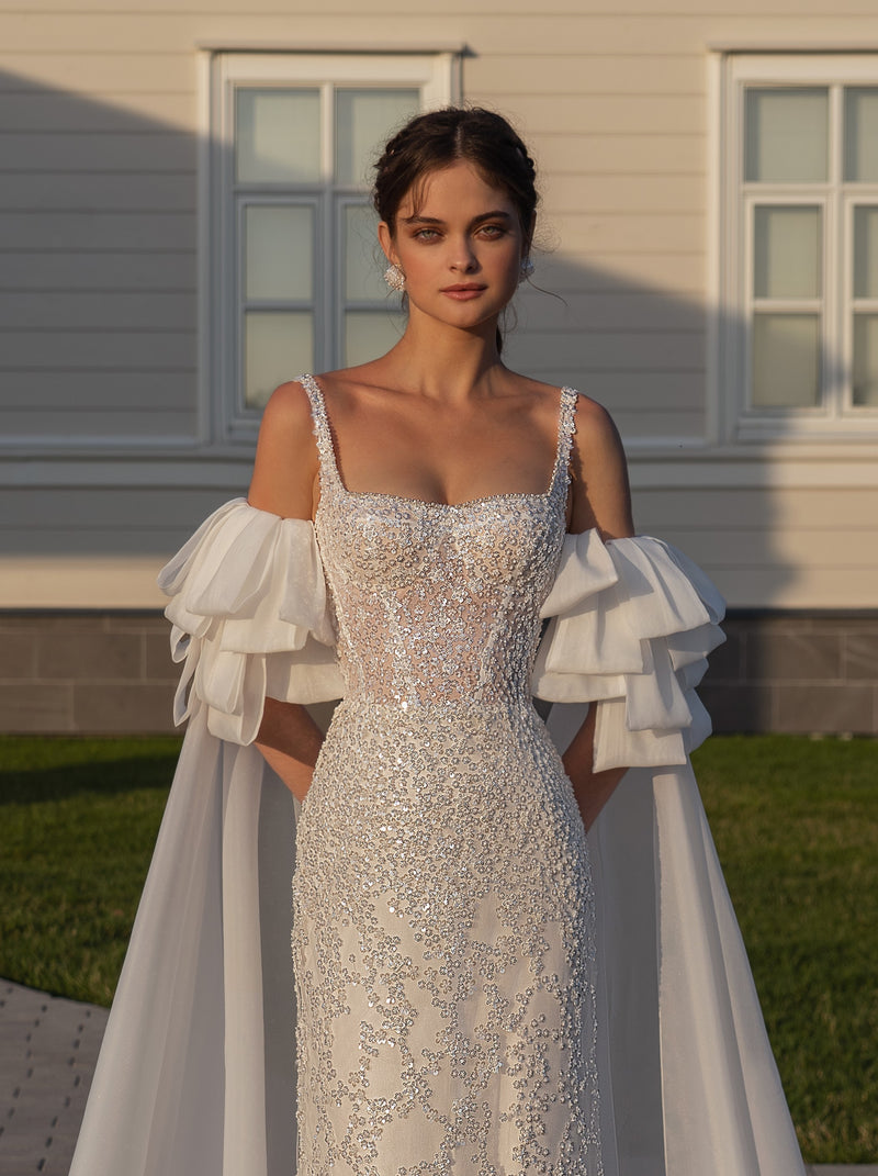 Robe de mariée féerique brillante avec manches amovibles