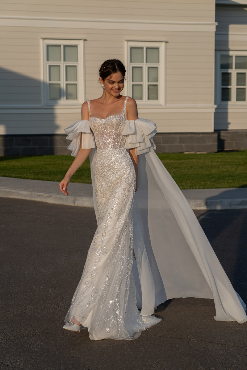 Robe de mariée féerique brillante avec manches amovibles