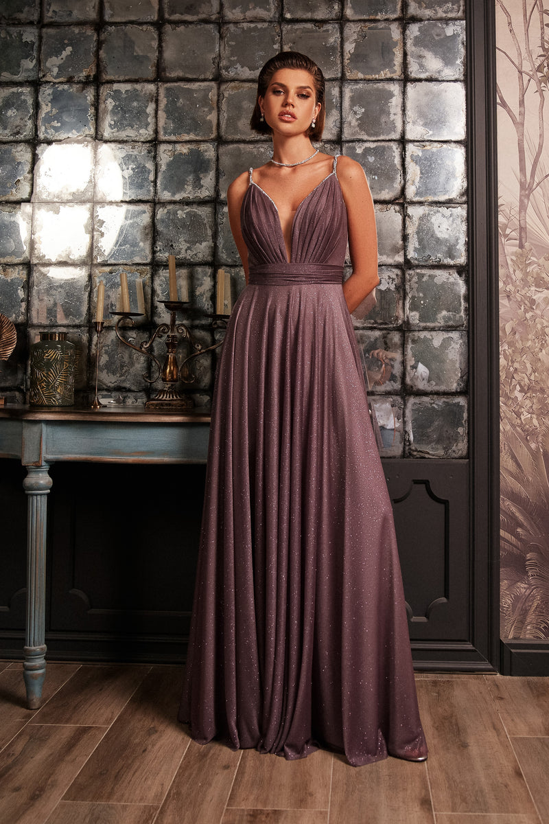 V-Neck Spaghetti Strap Long Glitter Evening Dress