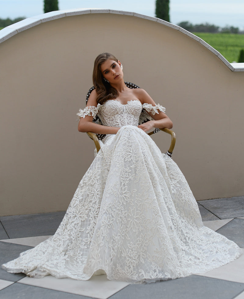 Delicate Off-Shoulder Floral Lace A-Line Wedding Dress HAREM's Brides Delicate Off-Shoulder Floral Lace A-Line Wedding Dress HAREM's Brides