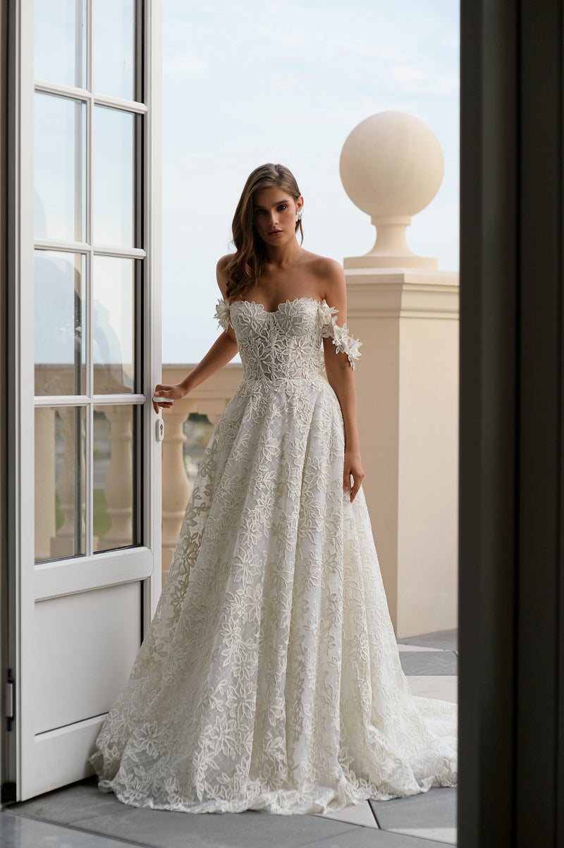 Delicate Off-Shoulder Floral Lace A-Line Wedding Dress HAREM's Brides Delicate Off-Shoulder Floral Lace A-Line Wedding Dress HAREM's Brides