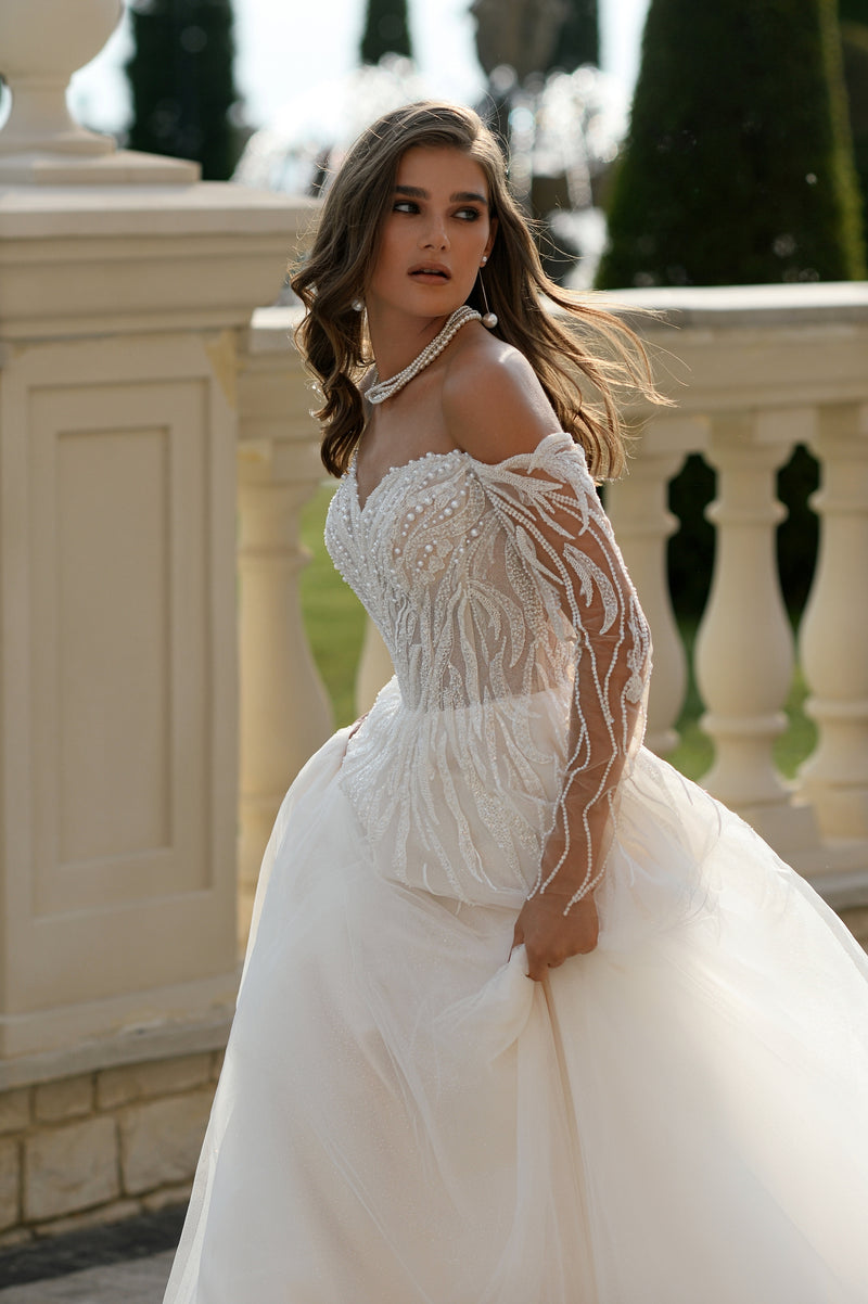 romantic off the shoulder dress Romantic Off Shoulder Drape Sleeve Surplice Bridal Gown with Sparkling Stone Belt Off White / Lace