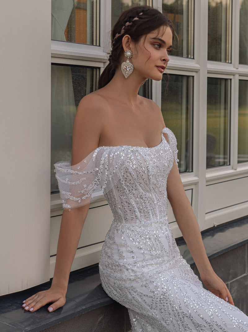 Shiny Off-the-Shoulder Mermaid Wedding Dress