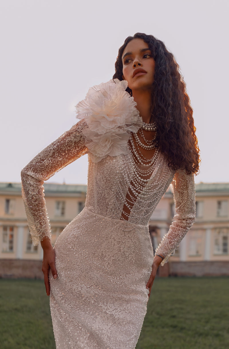 Long Sleeve Lace Wedding Dress with Pearl Choker Detail