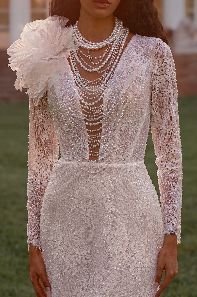 Long Sleeve Lace Wedding Dress with Pearl Choker Detail