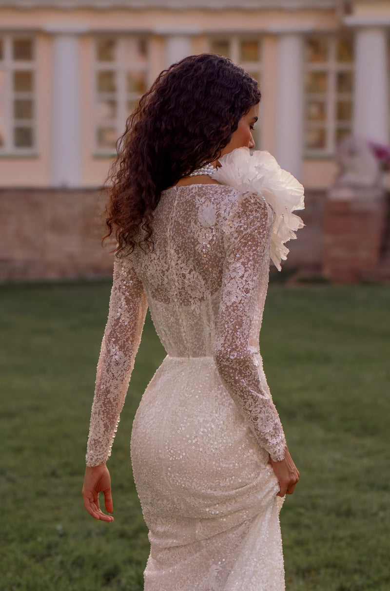 Long Sleeve Lace Wedding Dress with Pearl Choker Detail