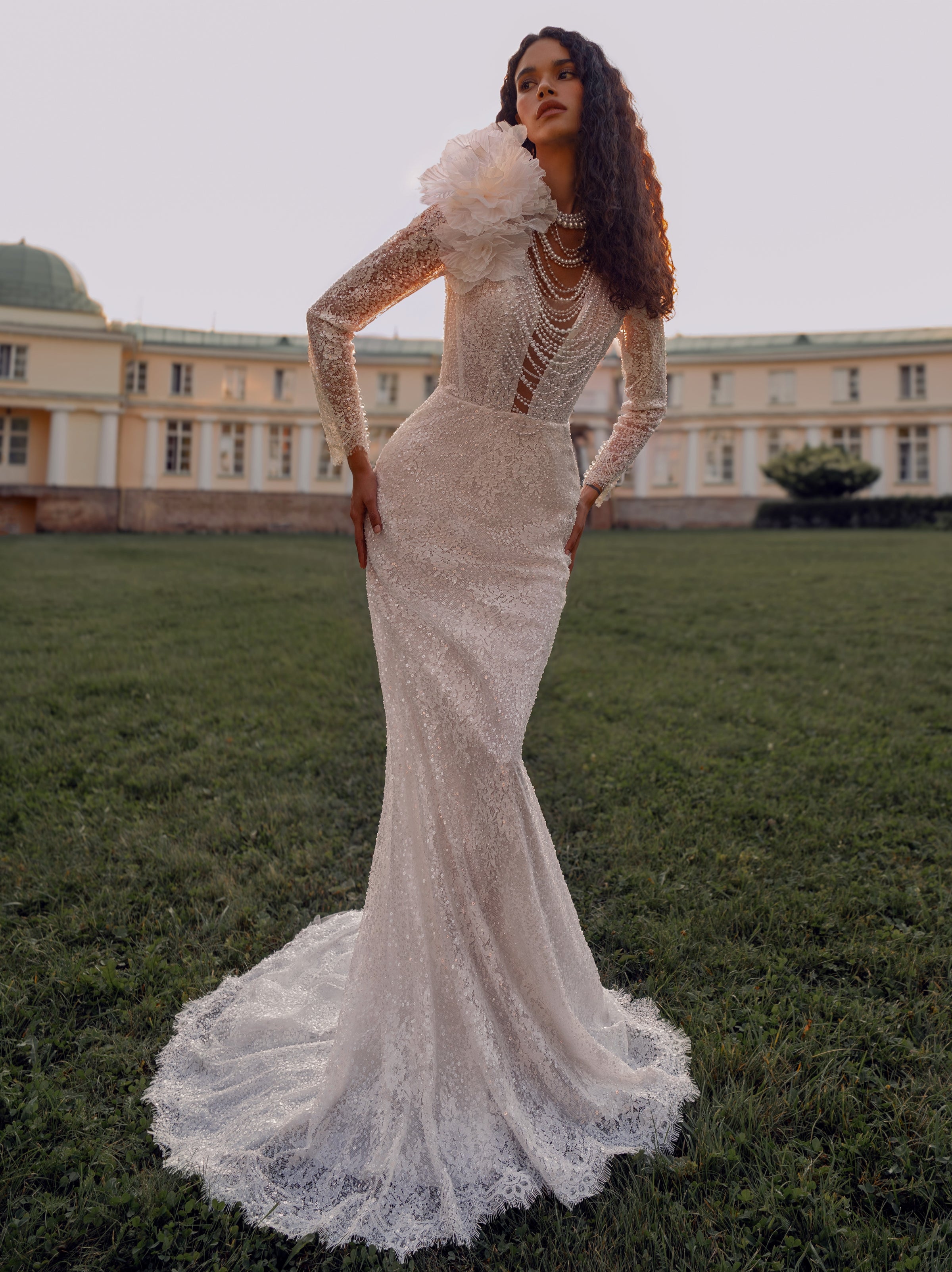 Long Sleeve Lace Wedding Dress with Pearl Choker Detail | Timeless Grace Atelier Long Sleeve Lace Wedding Dress with Pearl Choker Detail | Timeless Grace Atelier