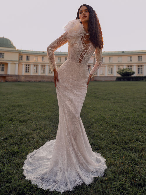 Long Sleeve Lace Wedding Dress with Pearl Choker Detail | Timeless Grace Atelier
