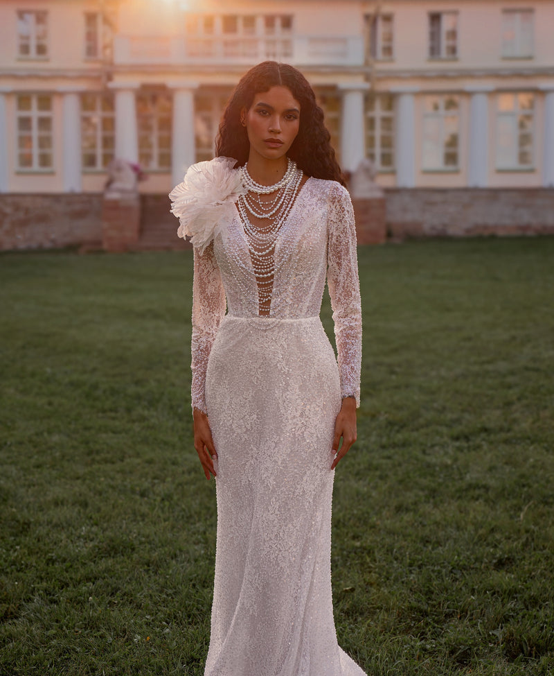 Long Sleeve Lace Wedding Dress with Pearl Choker Detail