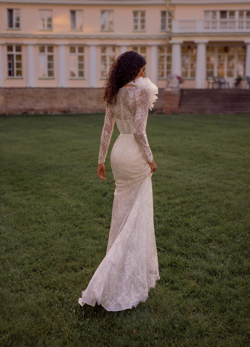 Long Sleeve Lace Wedding Dress with Pearl Choker Detail