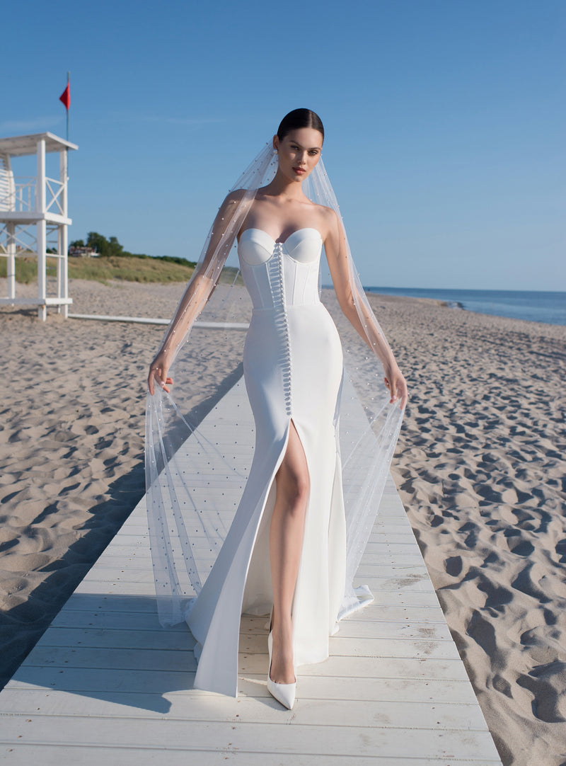 2en1 : Robe de mariée sirène en forme de cœur avec boutons sur le devant et body amovible