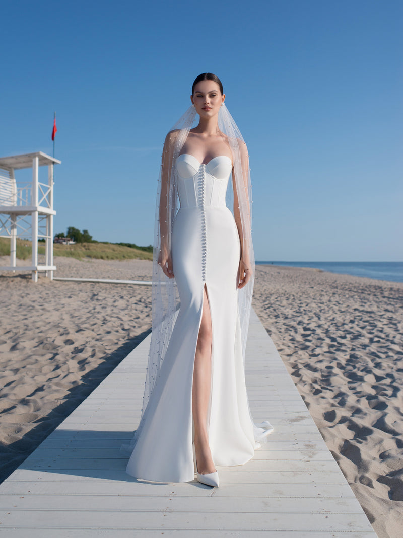 2 en 1: vestido de novia estilo sirena con escote corazón, botones delanteros y body extraíble