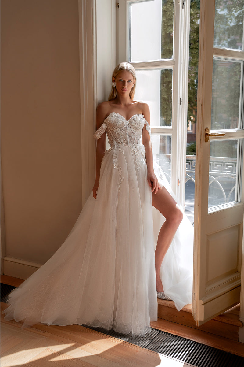 A-Line Wedding Gown in Lightweight Tulle with 3D Flowers HAREM's Brides A-Line Wedding Gown in Lightweight Tulle with 3D Flowers HAREM's Brides