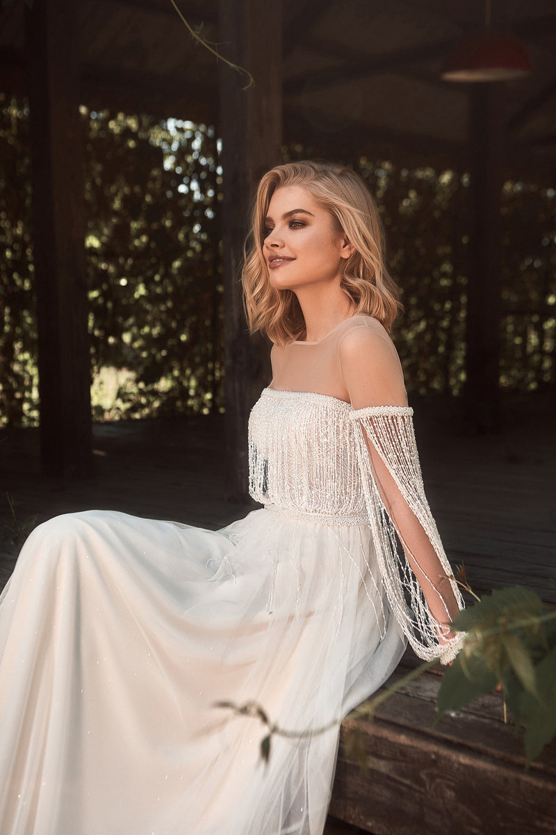 Unique Off-Shoulder A-Line Wedding Dress