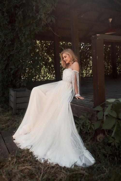 Unique Off-Shoulder A-Line Wedding Dress