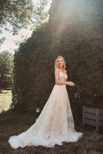 Spaghetti Strap Deep V-Neck Glitter Wedding Dress
