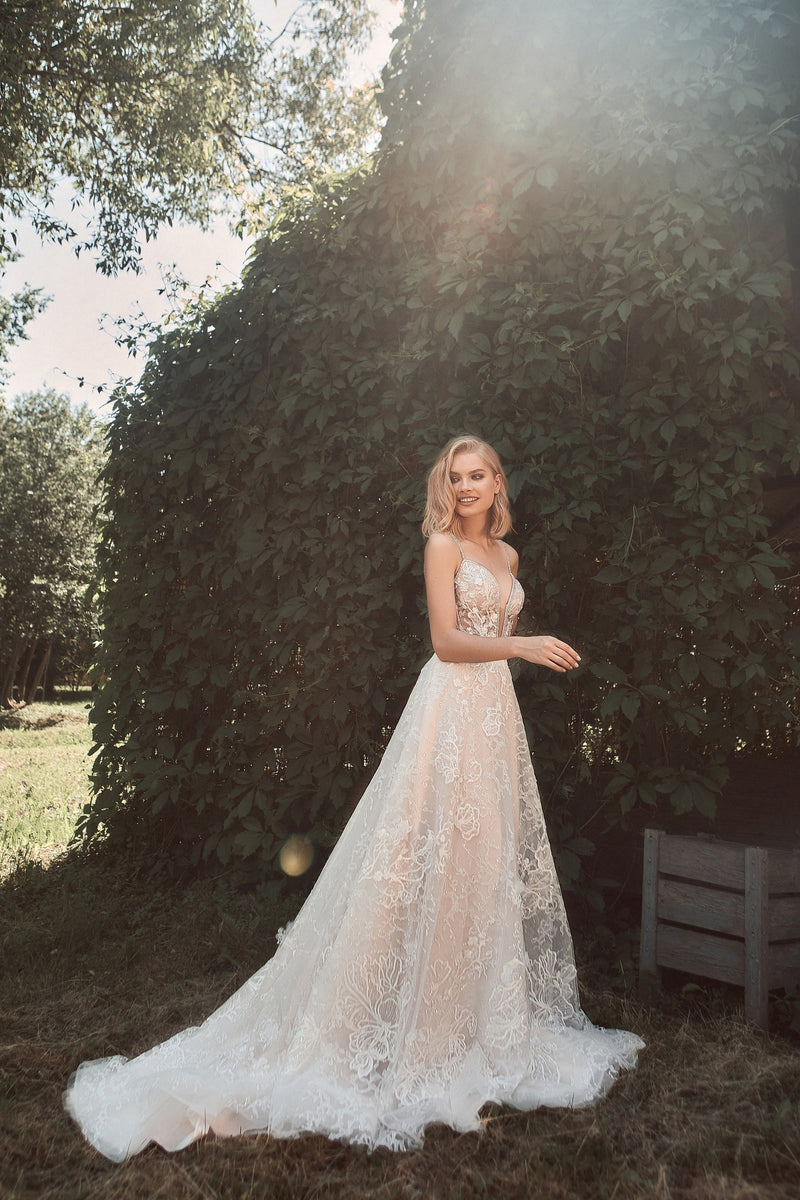 Spaghetti Strap Deep V-Neck Glitter Wedding Dress