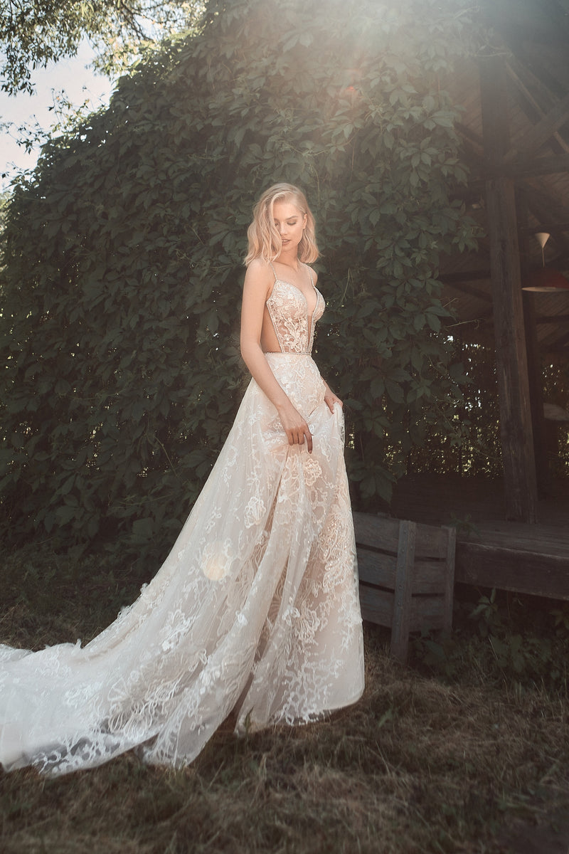 Spaghetti Strap Deep V-Neck Glitter Wedding Dress