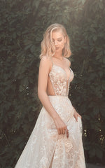 Spaghetti Strap Deep V-Neck Glitter Wedding Dress