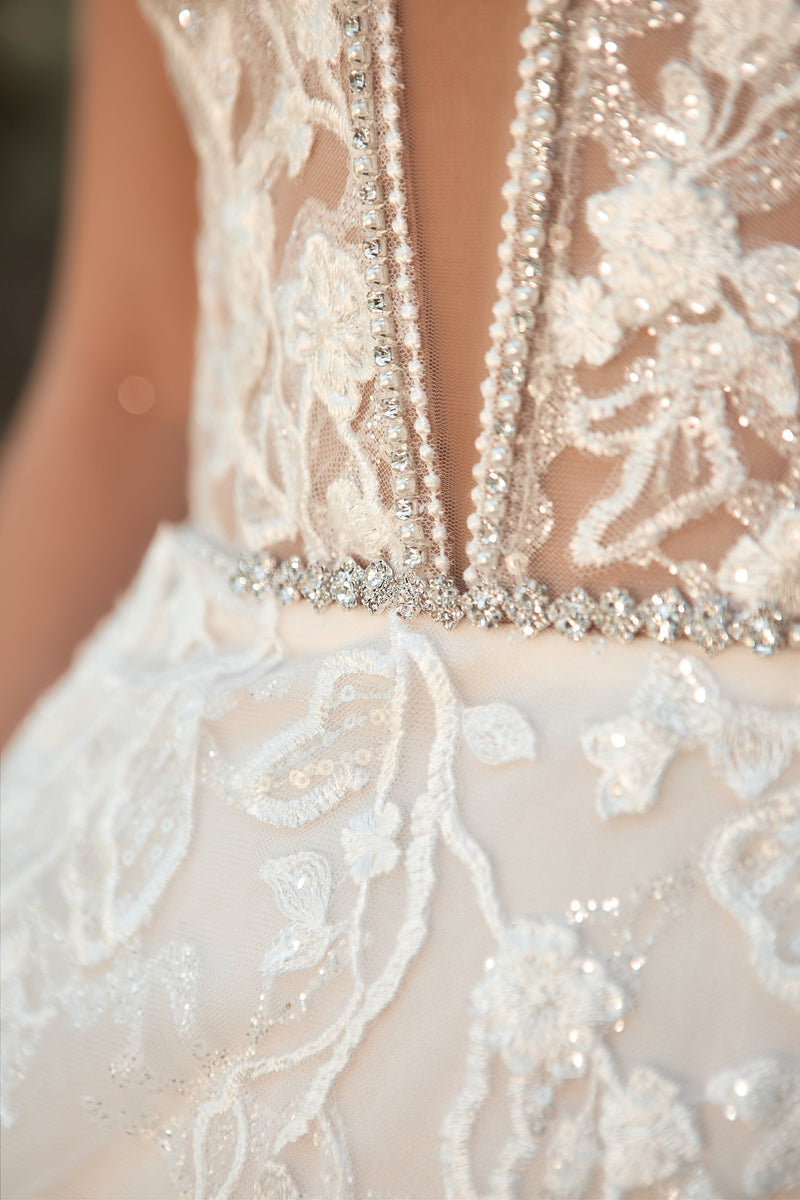 Spaghetti Strap Deep V-Neck Glitter Wedding Dress