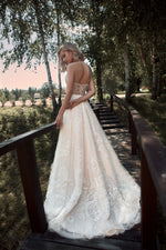 Spaghetti Strap Deep V-Neck Glitter Wedding Dress