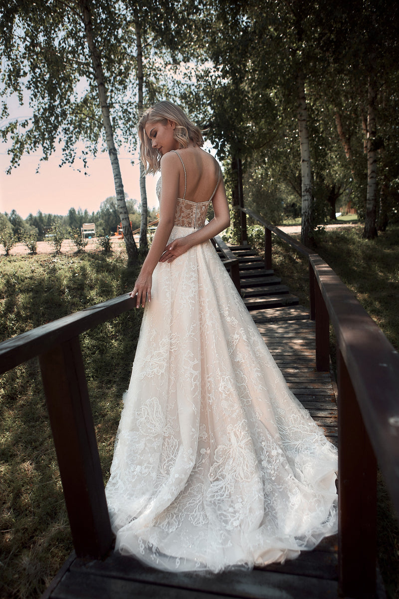 Spaghetti Strap Deep V-Neck Glitter Wedding Dress