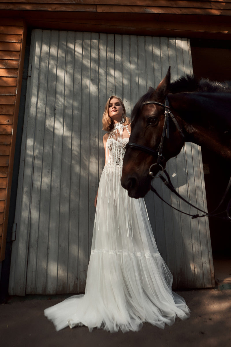bohemian strapless dress Strapless Chiffon Boho Wedding Gown with All-Lace Back