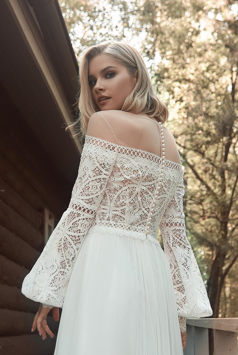 A-Line Wedding Dress with Off-Shoulder Long Sleeves