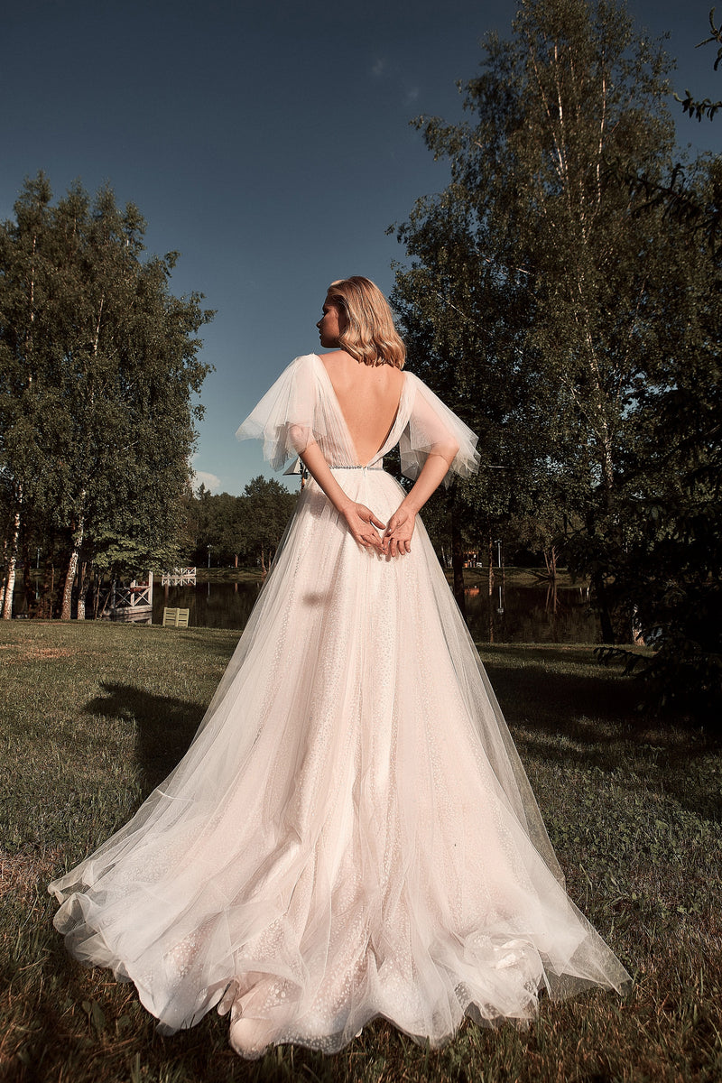 Butterfly Sleeve A-Line Glitter Wedding Dress