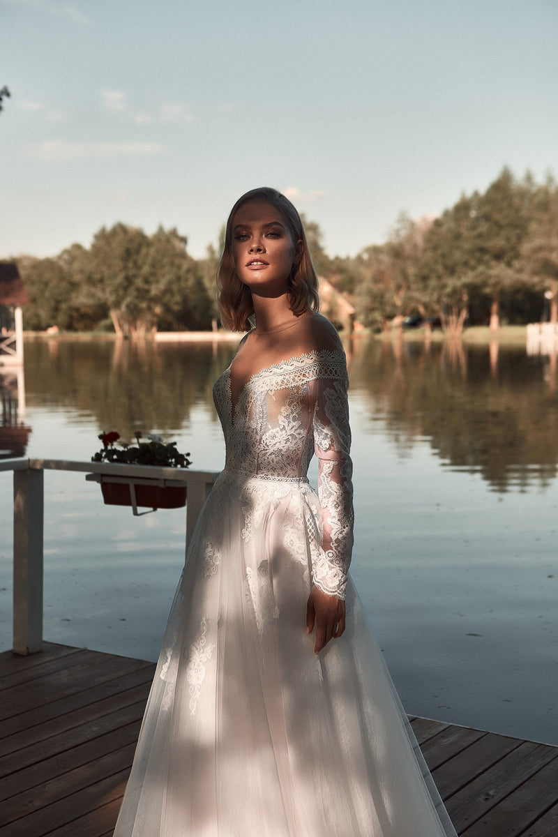 Off-Shoulder Long Sleeve Lace Wedding Dress – HAREM's Brides