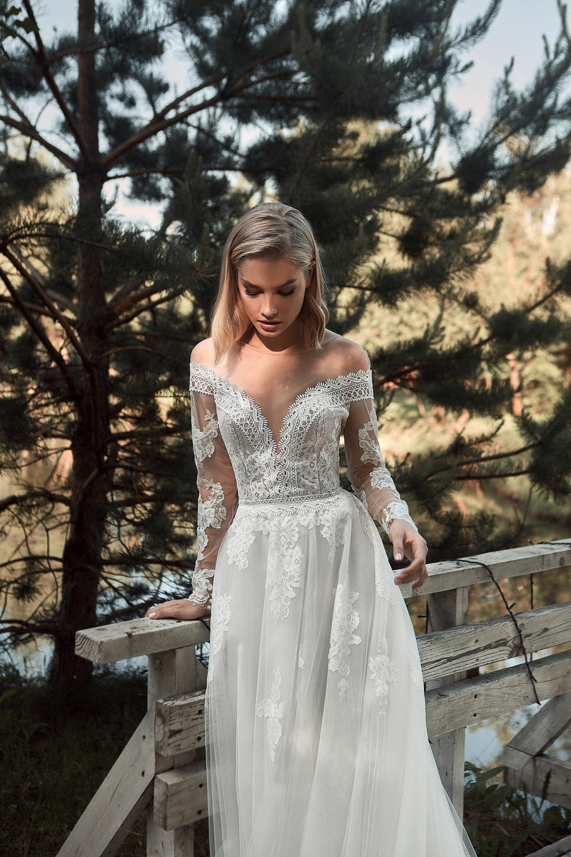 Off-Shoulder Long Sleeve Lace Wedding Dress