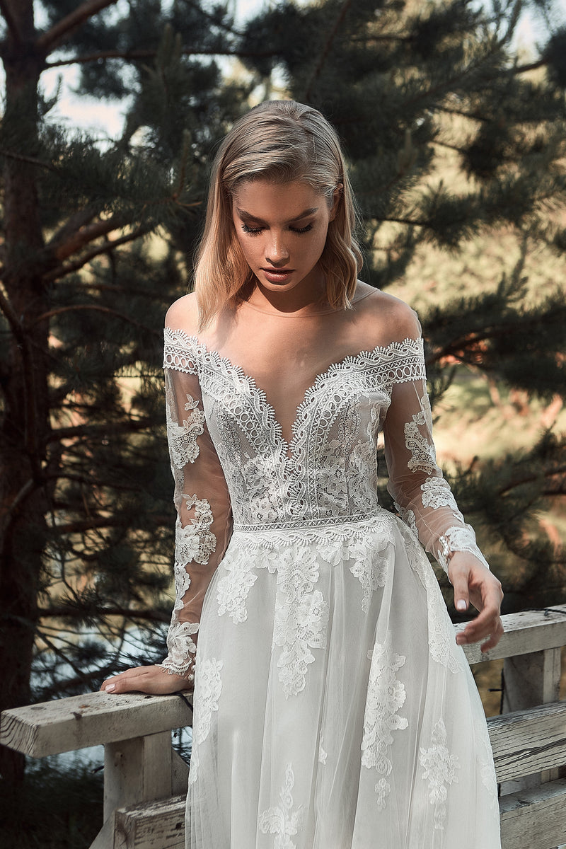 Off-Shoulder Long Sleeve Lace Wedding Dress