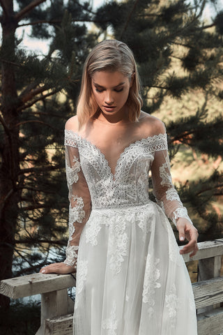 chinese dress ladies Off-Shoulder Long Sleeve Lace Wedding Dress – HAREM's Brides