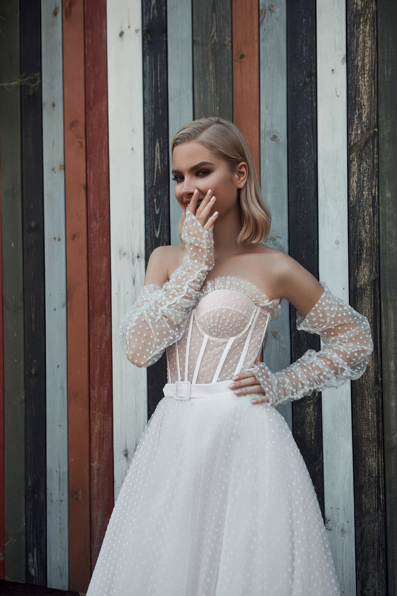 Polka Dot Sweetheart Wedding Gown with Removable Sleeves