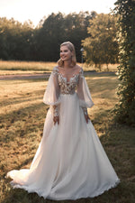 Puffy Sleeves Illusion Neck A-Line Wedding Dress
