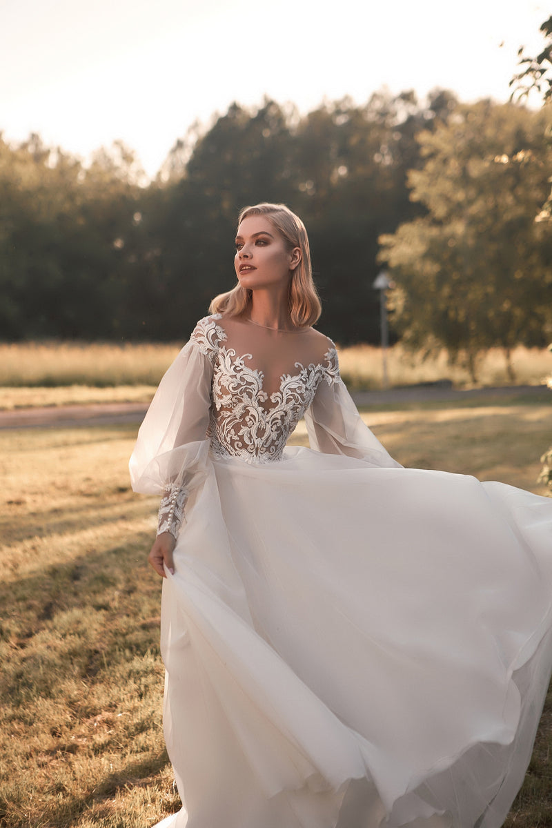 Puffy Sleeves Illusion Neck A-Line Wedding Dress
