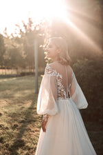 Puffy Sleeves Illusion Neck A-Line Wedding Dress