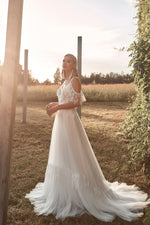 Off-Shoulder V-Neck A-Line Bohemian Wedding Gown