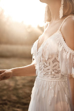 Off-Shoulder V-Neck A-Line Bohemian Wedding Gown